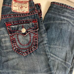Men’s True Religion Relaxed Straight Jeans with Red Accents